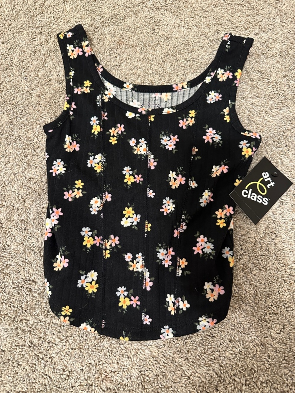 art class Black Floral Ribbed Tank with Pink and Yellow Flowers